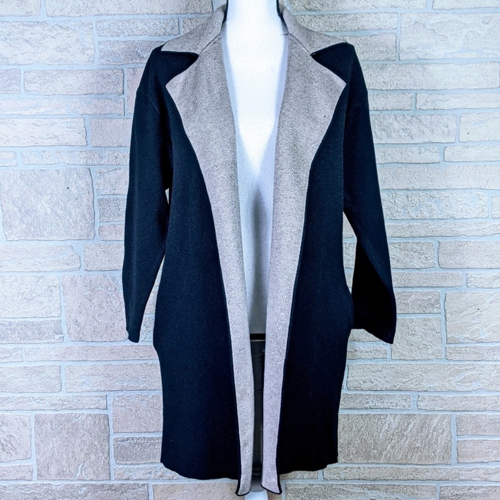 Zara knit black gray open front collared mid-length soft warm cardigan overcoat